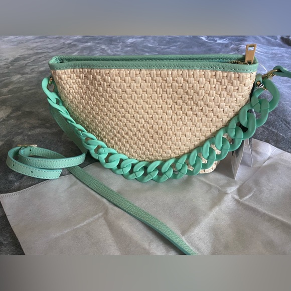 STELLA BIANCA Aqua Raffia Chain Crossbody Bag With Leather Trim Made In … - Picture 2 of 11
